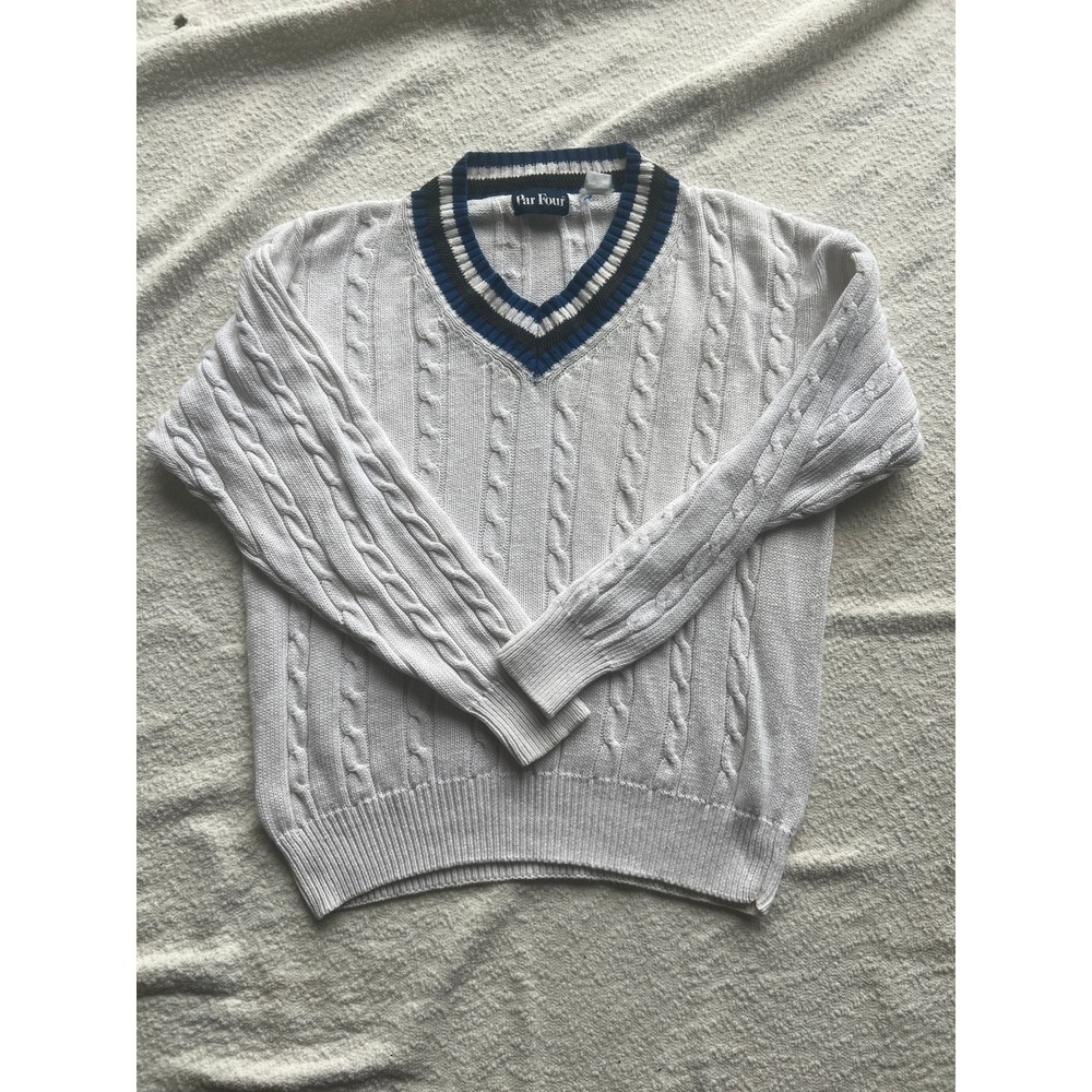 Par Four Mens Cable Knit V-Neck Sweater White Blue Black Trim Vintage XL